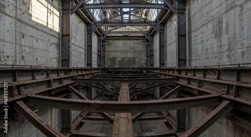 Wallpaper Mural An extensive view of aged, rusty metal beams and supports crisscrossing a large, gray concrete interior space. Torontodigital.ca