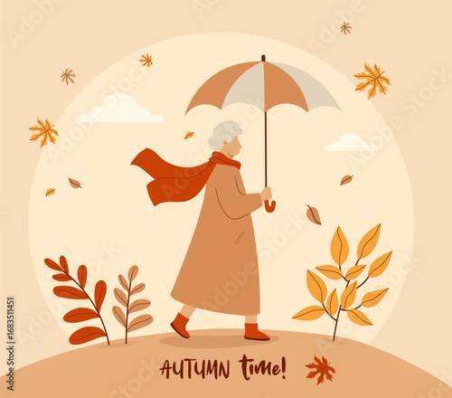 Autumn Elderly woman in coat and scarf with umbrella and falling leaves. Seasonal fall scene background banner. Vector illustration. Not AI
