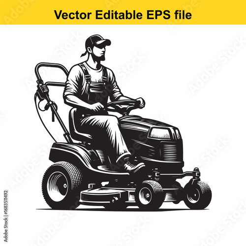 Man riding a lawn mower isolated on white background