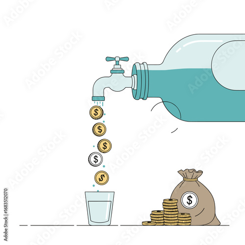 Money flowing like water from a faucet into a glass alongside a money bag