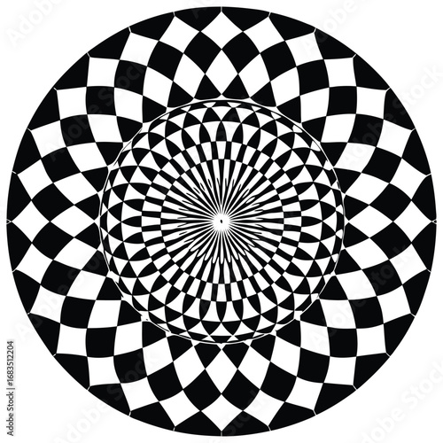 An abstract checker ed black and white circle pattern illustration, like a geometric tunnel or a race flag design