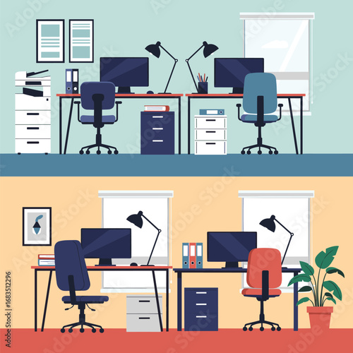 Modern office spaces featuring ergonomic workstations and professional desks