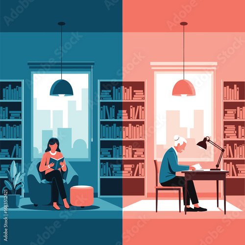 Diverse generations engage in learning activities at home indoors through books and study