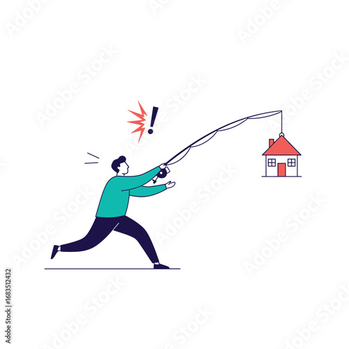 Person fishing for a house with a rod and bait capturing attention