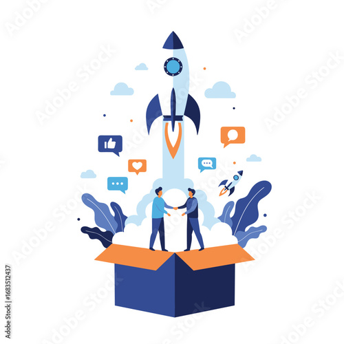 Business partnership launching new project with rocket ship illustration