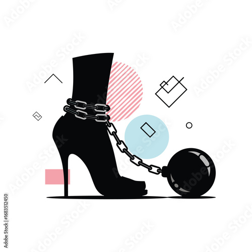 High heel boot shackled with ball and chain symbolizing freedom from fashion constraints