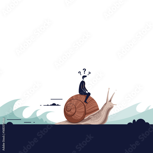 Man riding snail slowly over waves uncertainty questions confusion progress slowdown
