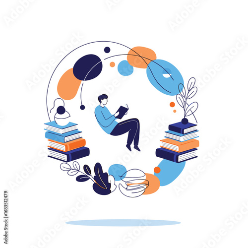 A person reading a book while floating in a circle of abstract shapes and books