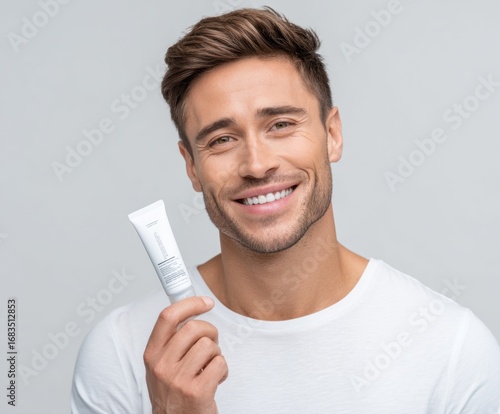 A man smiles brightly, holding a white cosmetic tube against a neutral background.