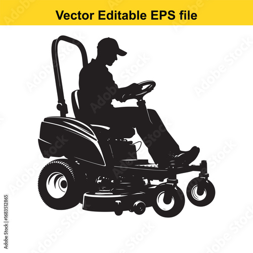 Silhouette of a man riding a zeroturn lawn mower, isolated on white background