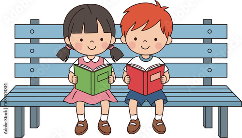 Happy children reading books on park bench, cute boy and girl illustration, education, learning, study, childhood, cartoon drawing, school concept.