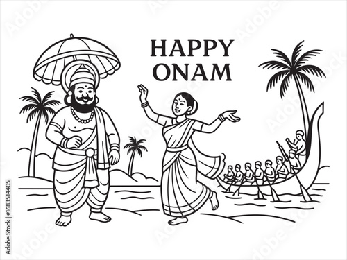 This black and white illustration depicts a festive scene for "Happy Onam." It features a king with an umbrella, a dancing woman, palm trees, and a snake boat with oarsmen