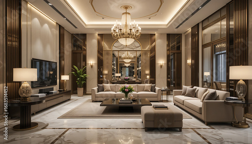 Luxurious modern living room with elegant chandelier plush seating and sophisticated decor exuding opulence and comfort