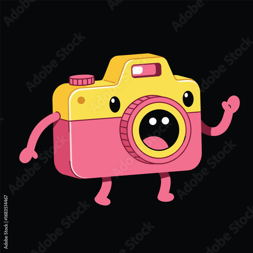 Cartoon groovy photo camera retro character. Isolated vector funky, hippie style photocamera personage adorned with vibrant daisy flowers, stars and playful smile push shooting button to make snapshot