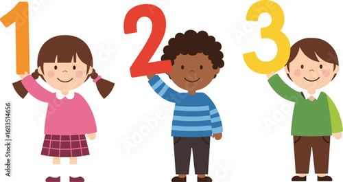 Smiling children holding numbers one two three, cute kids learning math, preschool education concept, colorful cartoon illustration for classroom and study.