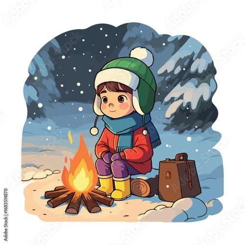A funny cartoon illustration of a little boy in a hat and scarf having fun playing with a snowman in the cold winter snow