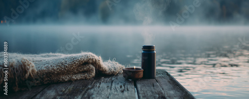 Relaxing by the lake with a wool blanket, steaming thermos, and mist rolling over the water creates a tranquil moment on the dock during early morning