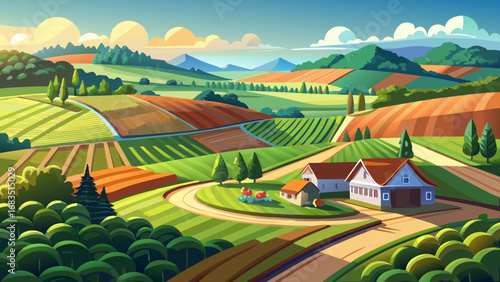 very beautiful Generative AI, Farm landscape, agricultural fields, beautiful countryside, country road. Nature Illustration, photorealistic top view drone, horizontal ...