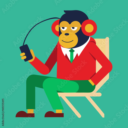A monkey wearing a shirt and pants listening to music on a mobile phone vector art illustration