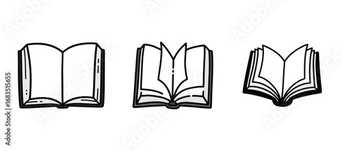 Open books doodle illustrations set. Knowledge and education concept. Reading and library symbols on white background.