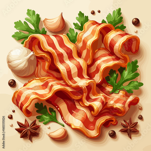 Raw bacon strips with herbs and spices, culinary ingredients concept
