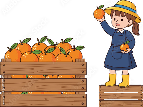 Cartoon girl harvesting oranges, child farmer with fresh fruits, wooden crate full of oranges, agriculture, healthy food, organic farming, rural lifestyle.