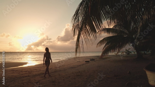 Woman is enjoying a peaceful walk on the beach as the sun sets over the indian ocean, creating a serene and idyllic tropical paradise scene
