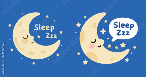 Cute cartoon sleeping crescent moon with stars illustration set on a blue background.