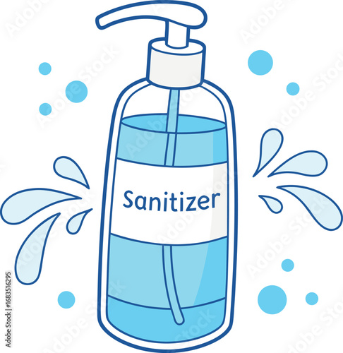Vector art of hand sanitizer bottle with pump dispenser and blue liquid, , with water splashes and bubbles