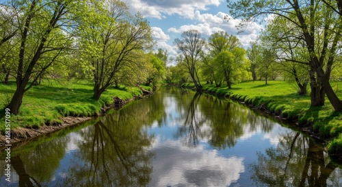 A tranquil river winds through a verdant landscape, its calm waters mirroring the lush green banks and a vibrant sky filled with clouds.