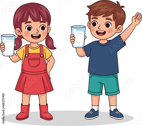 Cute cartoon kids drinking milk, happy boy and girl holding glass, healthy lifestyle, nutrition, dairy drink, childhood health, fresh beverage.