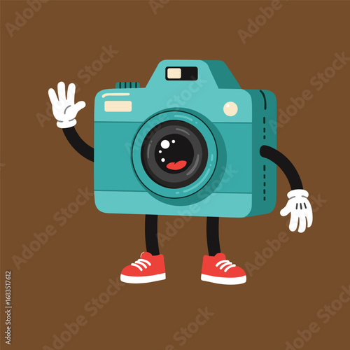 Cartoon groovy photo camera retro character. Isolated vector funky, hippie style photocamera personage adorned with vibrant daisy flowers, stars and playful smile push shooting button to make snapshot
