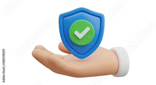 3D cartoon hand holding a blue shield with checkmark on white background protection security isolated on a transparent background