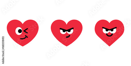 Set of three red heart doodle illustrations with different facial expressions. A simple emotion and love icon.