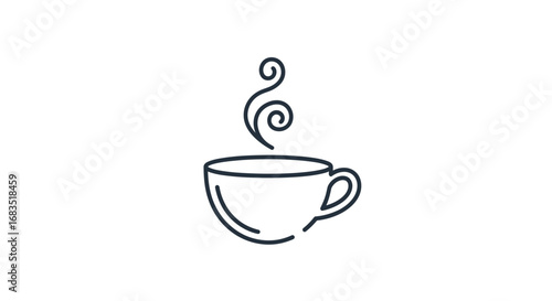 Minimalist black line art icon of a steaming coffee cup with stylized swirling vapor