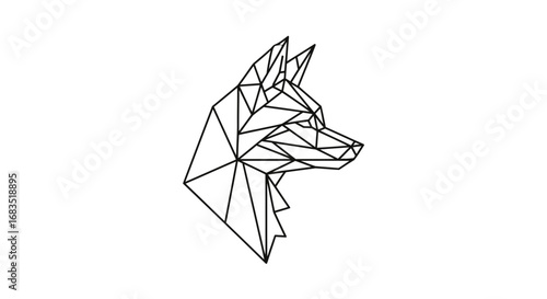 Geometric dog head profile in a minimalist low poly style Black line art illustration with sharp angular facets