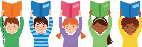 Happy diverse children holding books above heads, reading together, education concept, back to school, learning, fun classroom illustration.