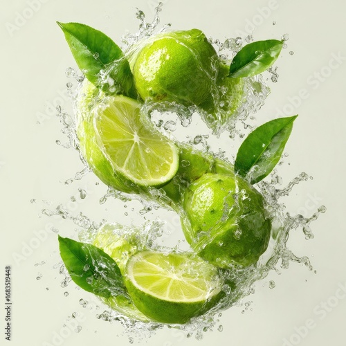 Fresh limes in water splashes, forming a 'S'