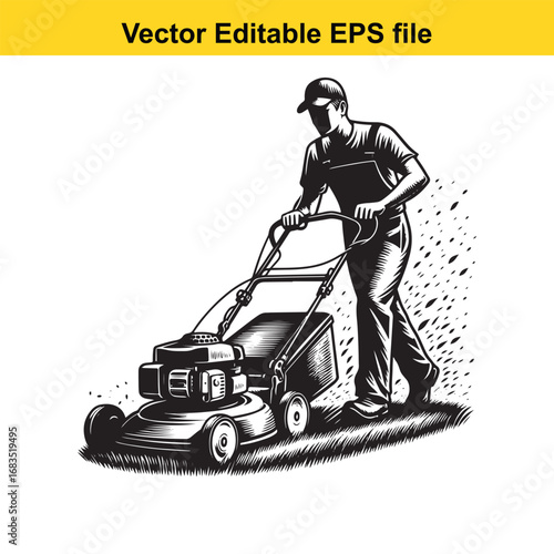 Man mowing lawn with push mower, vector illustration, isolated on white background