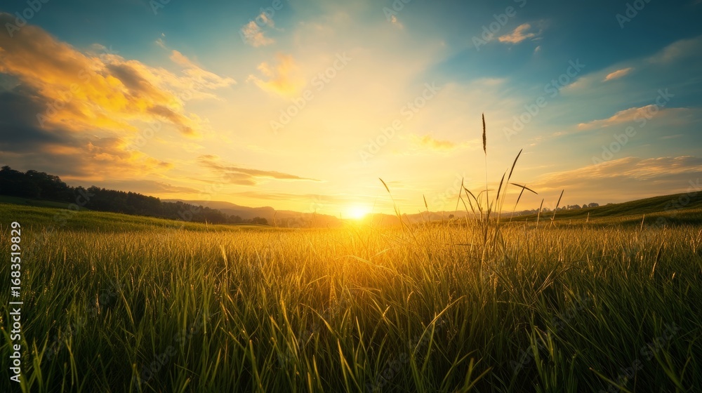Fototapeta premium Sunrise over verdant fields nature landscape serenity rural environment expansive viewpoint tranquil beauty