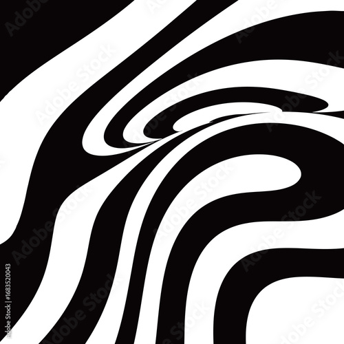 Abstract black and white wavy swirl pattern, representing a liquid flow or distorted motion.