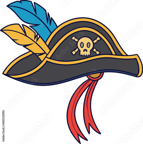 Vector art of pirate hat with skull and crossbones emblem and feathers