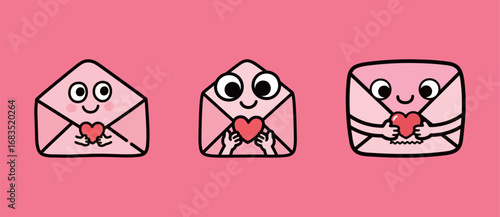 A set of three cute pink envelope characters holding red hearts, representing love, romance, and Valentine's Day.