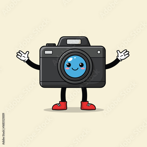 Cartoon groovy photo camera retro character. Isolated vector funky, hippie style photocamera personage adorned with vibrant daisy flowers, stars and playful smile push shooting button to make snapshot