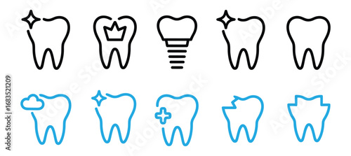 Dental tooth care icon set. Teeth health vector illustration collection. Dentistry medicine symbol. Oral hygiene sign. Teeth whitening pictogram. Broken tooth concept.
