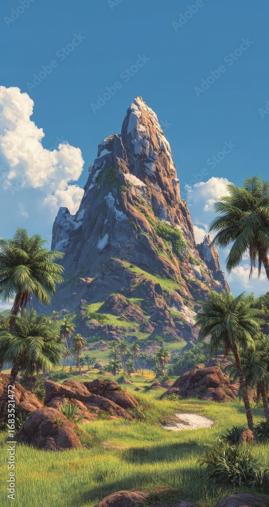 Fototapeta premium Mountain peak rising above lush valley, palm trees