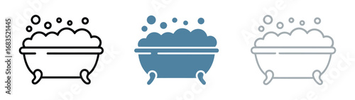 Bath and Shower Icon: A set of icon showcases a bathtub with a showerhead, water, and bubbles, symbolizing relaxation and hygiene in a minimalistic graphic design