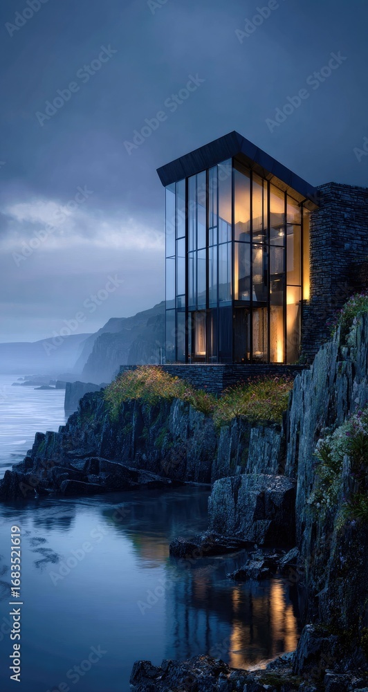 Fototapeta premium Modern glass-fronted house perched on a dramatic cliff overlooking a tranquil ocean at twilight