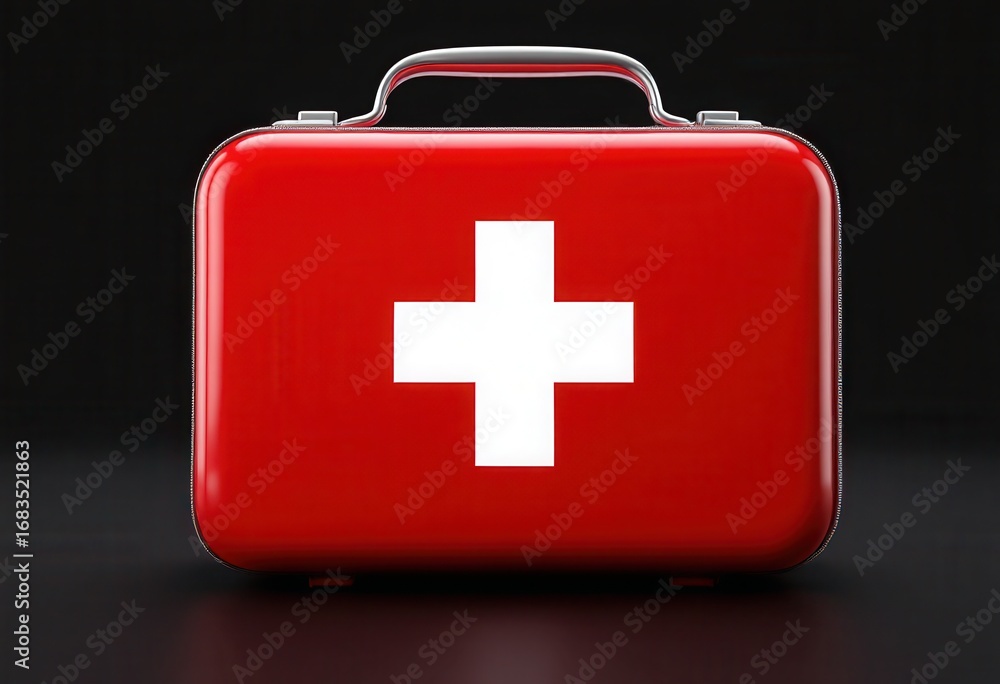Fototapeta premium A vibrant red first-aid kit, elegantly presented against a dark backdrop, with a prominent white cross.