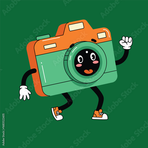 Cartoon groovy photo camera retro character. Isolated vector funky, hippie style photocamera personage adorned with vibrant daisy flowers, stars and playful smile push shooting button to make snapshot
